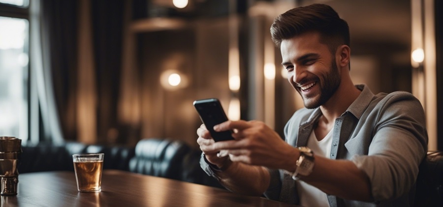 A bettor sitting and looking at his phone with a happy expression