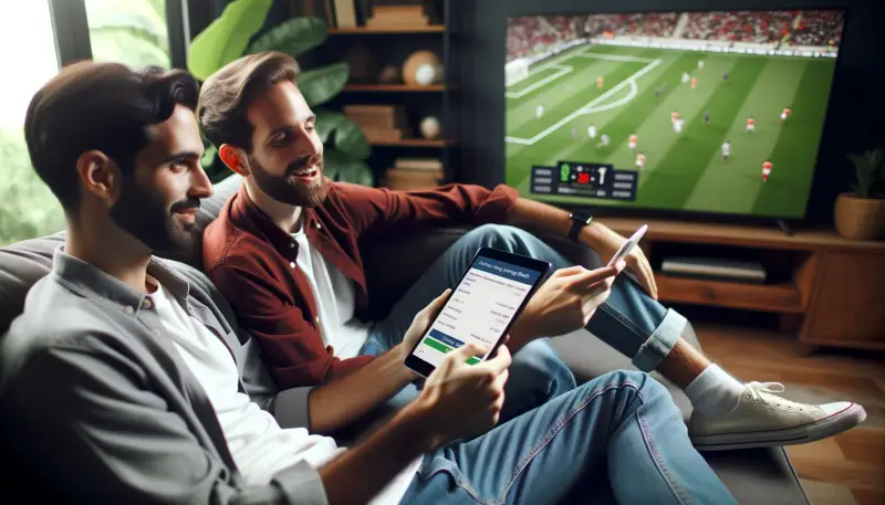 Two people betting during a football match on TV