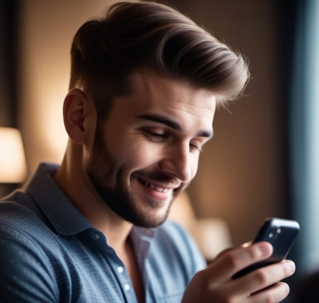 A happy bettor using his smartphone