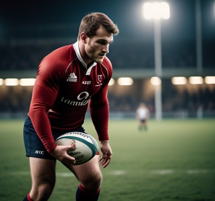 A rugby player on a field holding a ball