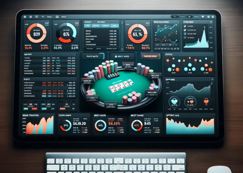 Screen with online poker table surrounded by statistics